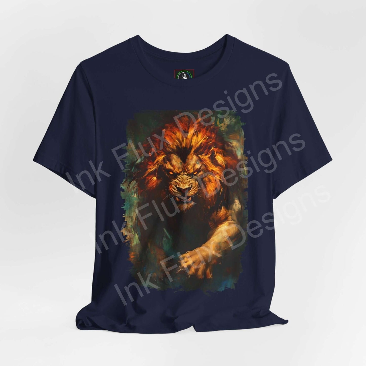 Navy blue unisex T-shirt with vibrant Lion Fury III graphic, showcasing a majestic lion in fiery tones, designed by Bella+Canvas for style and comfort.