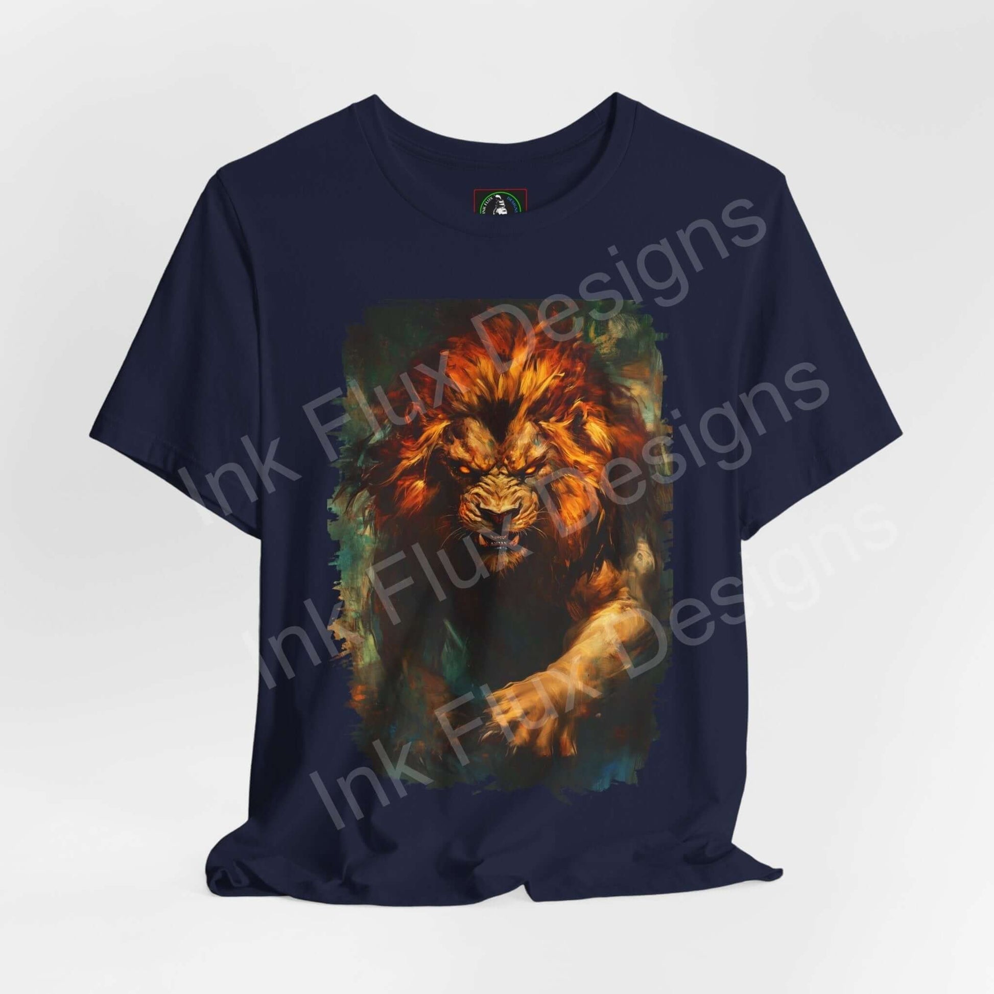 Navy blue unisex T-shirt with vibrant Lion Fury III graphic, showcasing a majestic lion in fiery tones, designed by Bella+Canvas for style and comfort.