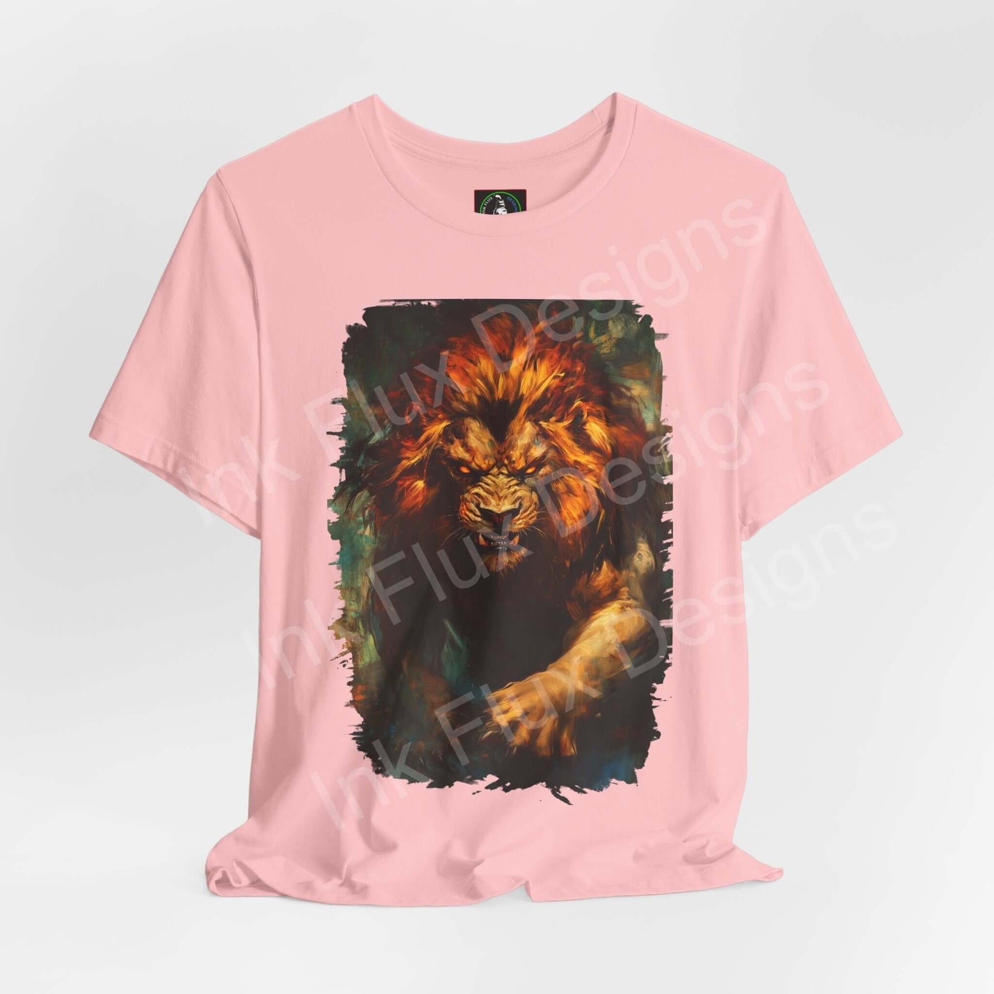 Pink unisex T-shirt featuring a vibrant graphic of a roaring lion, perfect as a spirit animal tee, by Bella+Canvas.
