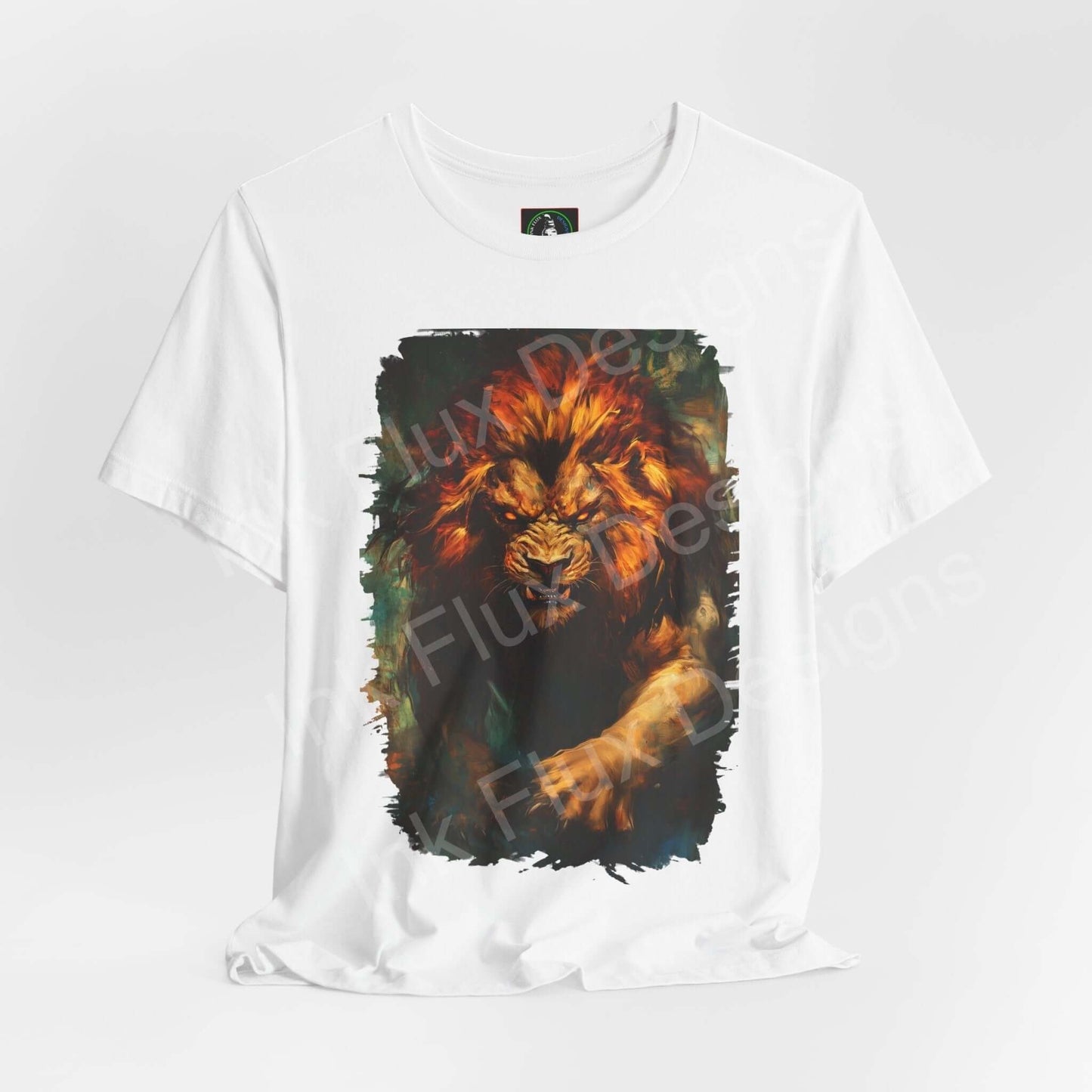 Unisex white T-shirt featuring a vibrant Lion Fury III graphic, showcasing a colorful, fierce lion design, ideal for spirit animal themed apparel.