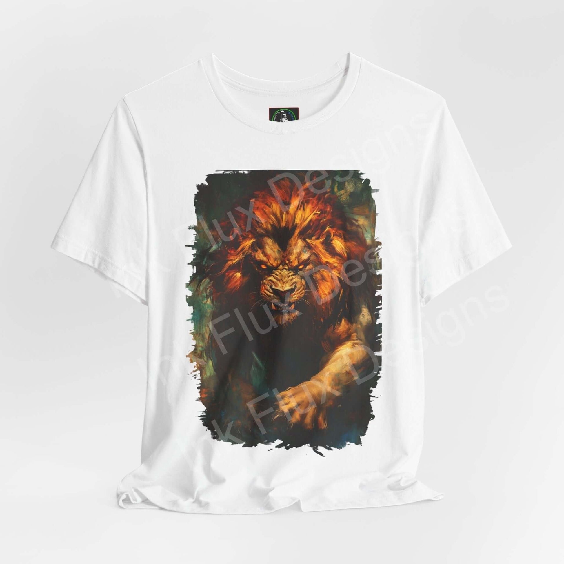 Unisex white T-shirt featuring a vibrant Lion Fury III graphic, showcasing a colorful, fierce lion design, ideal for spirit animal themed apparel.