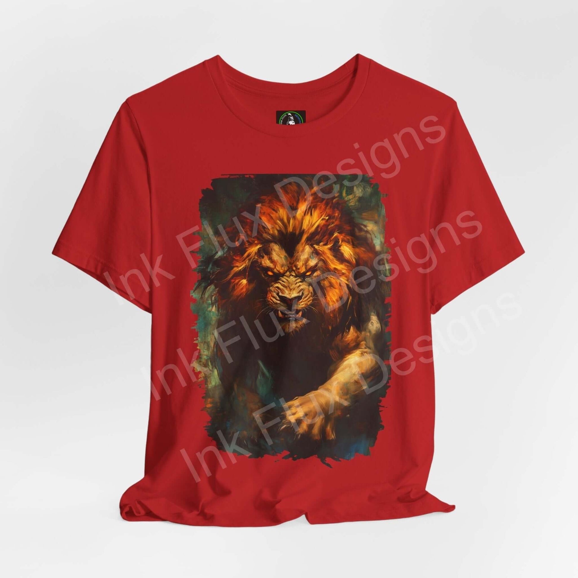 Red unisex T-shirt featuring a vibrant graphic of a roaring lion, ideal for lovers of spirit animals and stylish graphic tees.