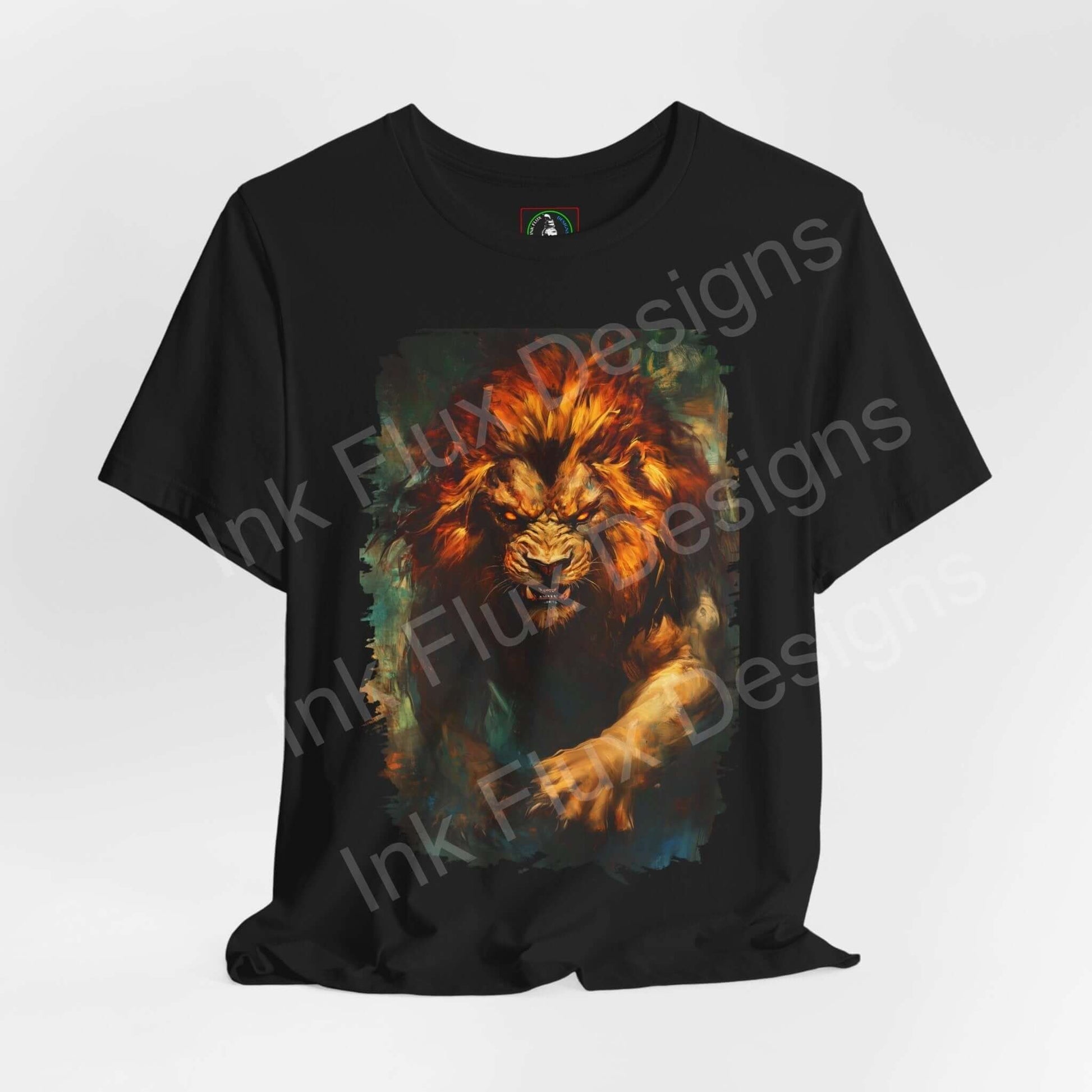 Unisex black T-shirt featuring a vibrant, artistic lion graphic design, part of the Lion Fury III collection by Ink Fury Designs, perfect for spirit animal enthusiasts.