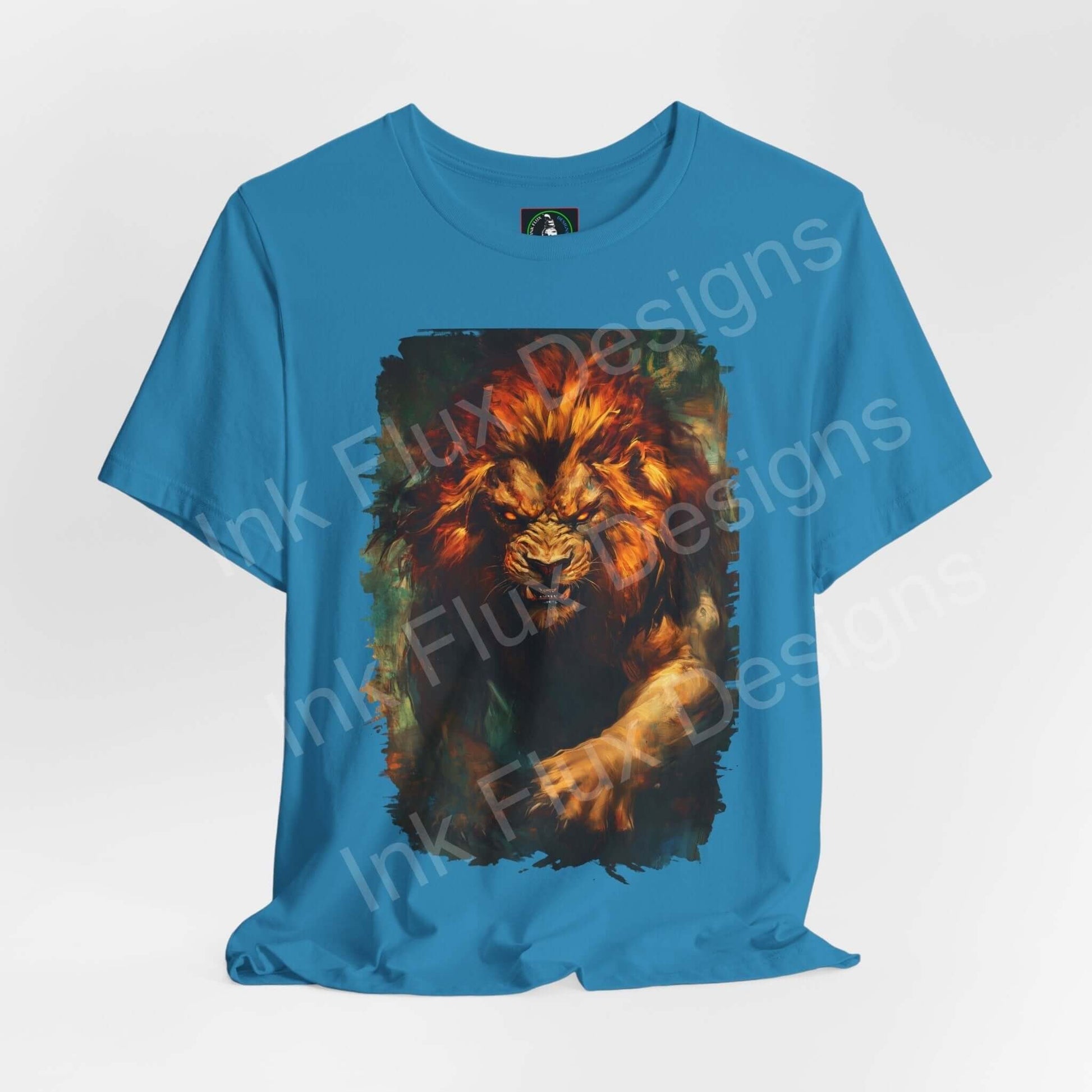 Blue unisex T-shirt featuring a vibrant graphic print of a lion, from the Lion Fury III collection by Bella+Canvas, highlighting spirit animals and ethical fashion.