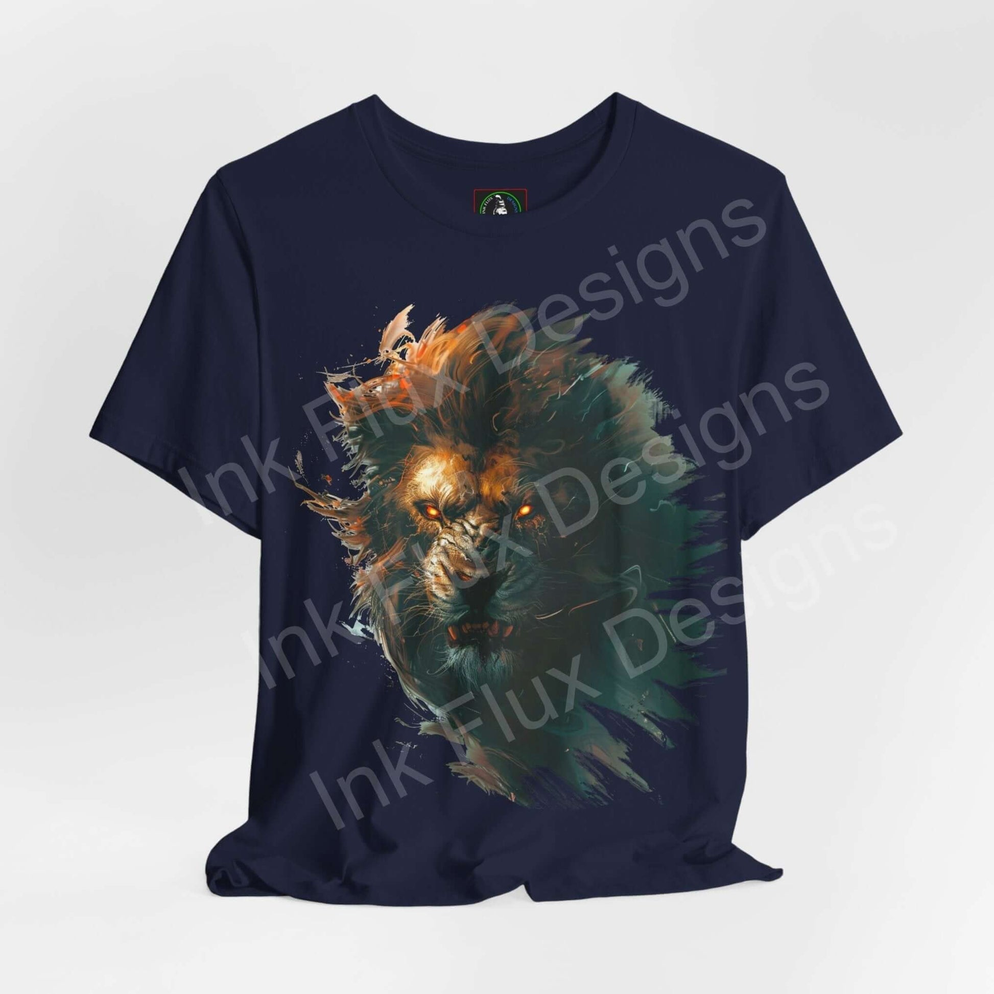 Navy blue unisex T-shirt featuring a vibrant, artistic lion graphic design, ideal for lovers of spirit animals and graphic tees.