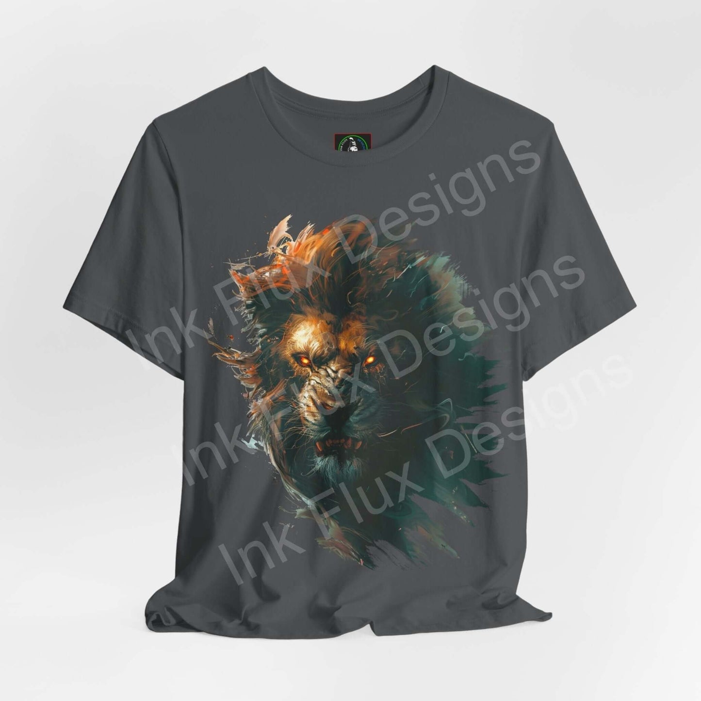 Charcoal gray T-shirt with a vibrant Lion Fury graphic design featuring a fierce lion in dynamic brush strokes, ideal for fans of spirit animal themed graphic tees.