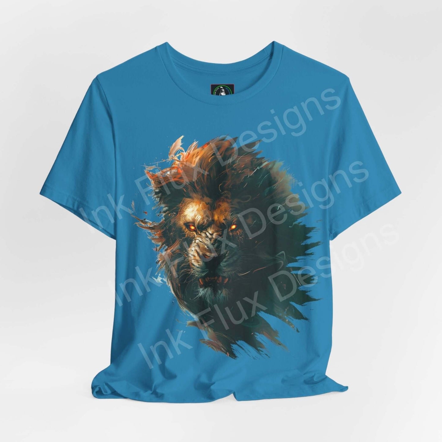 Unisex blue T-shirt with dynamic Lion Fury graphic print, showcasing Bella+Canvas ethically made, breathable cotton fabric, ideal for style and comfort.