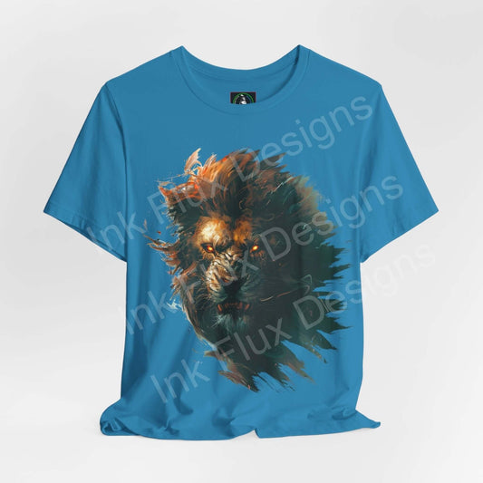 Unisex blue T-shirt with dynamic Lion Fury graphic print, showcasing Bella+Canvas ethically made, breathable cotton fabric, ideal for style and comfort.