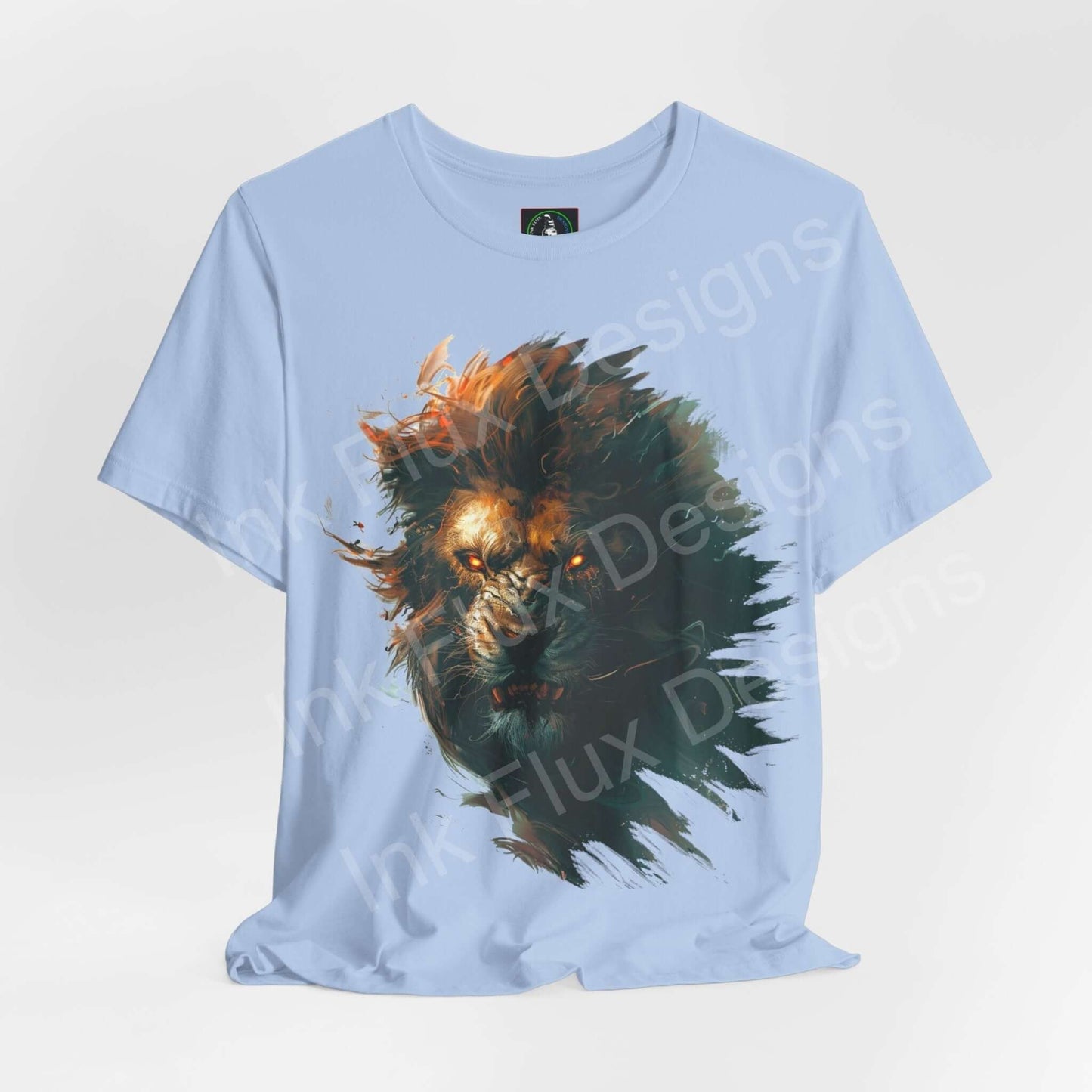 Light blue unisex T-shirt featuring a vibrant Lion Fury graphic print, ideal for fans of spirit animal-themed graphic tees.
