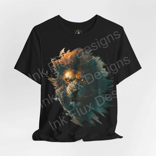 Black unisex Lion Fury T-shirt featuring a vibrant graphic of a lion in orange and green tones, ideal for fans of spirit animals and graphic tees.