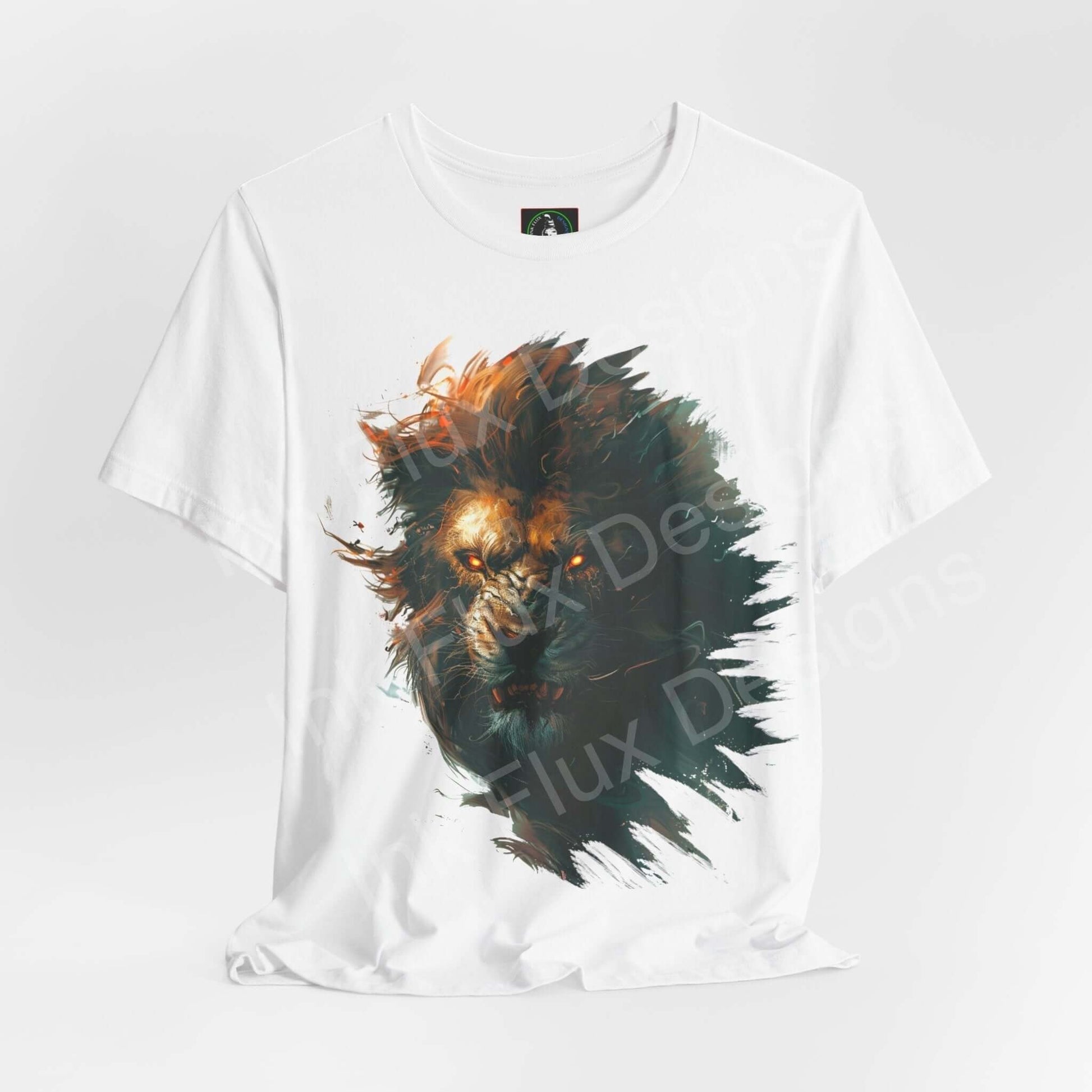 Unisex white jersey T-shirt featuring a vibrant Lion Fury graphic design, perfect blend of style and comfort, by Bella+Canvas.