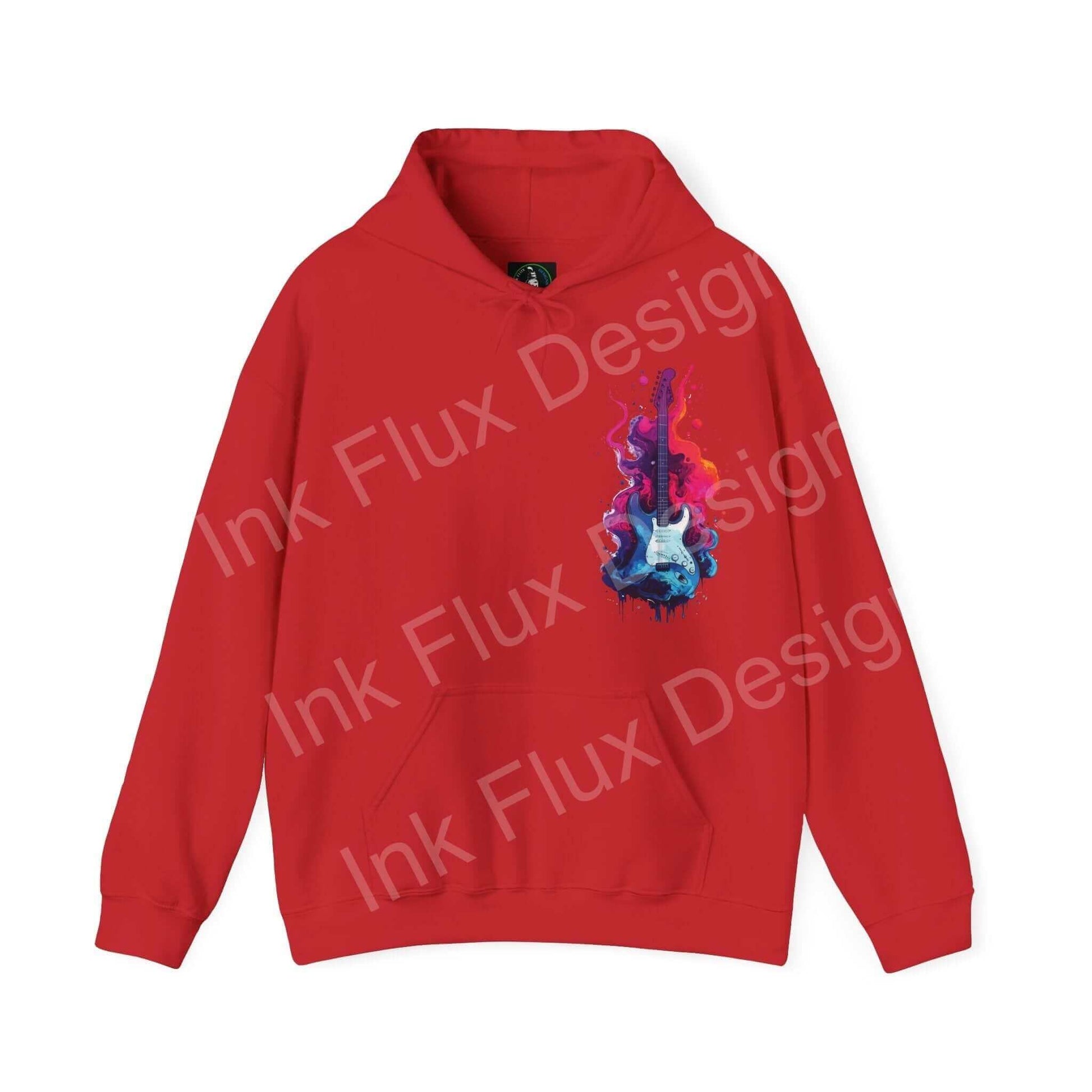 Red Liquid Guitar II graphic hoodie with a bold, colorful design on front, ideal for stylish comfort and everyday wear.