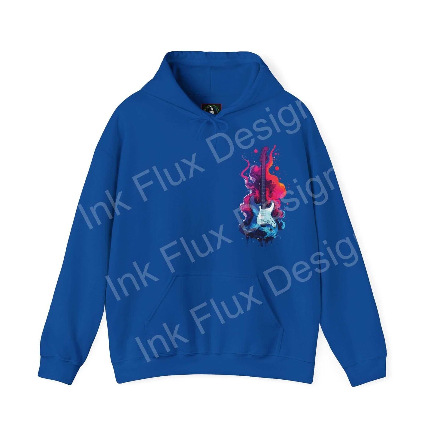 Blue Liquid Guitar II graphic hoodie with bold red and white guitar design, ideal for cozy and stylish wear.
