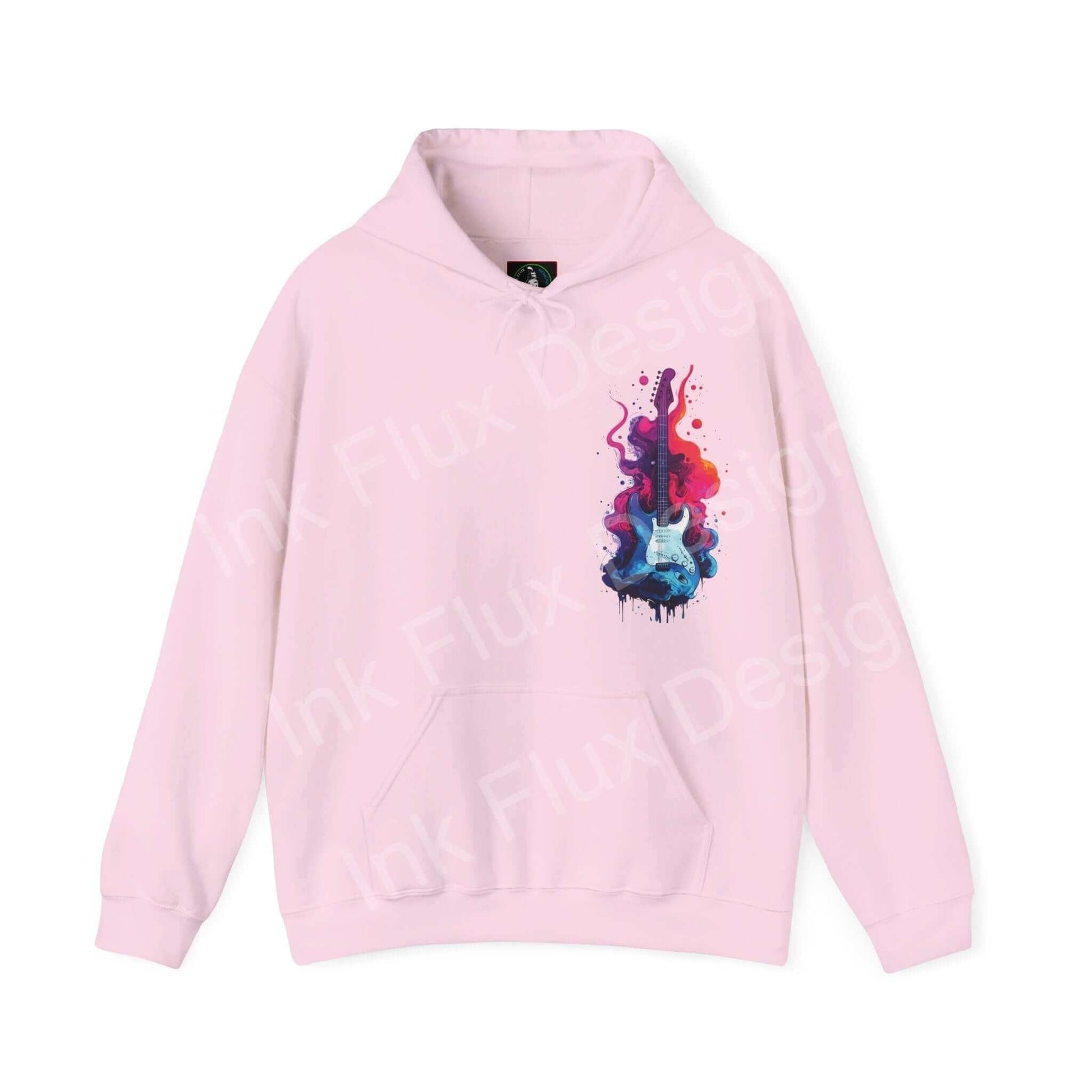 Pink Liquid Guitar II hooded sweatshirt featuring a bold, colorful graphic design on a premium cotton-polyester blend, perfect for stylish, cozy wear.
