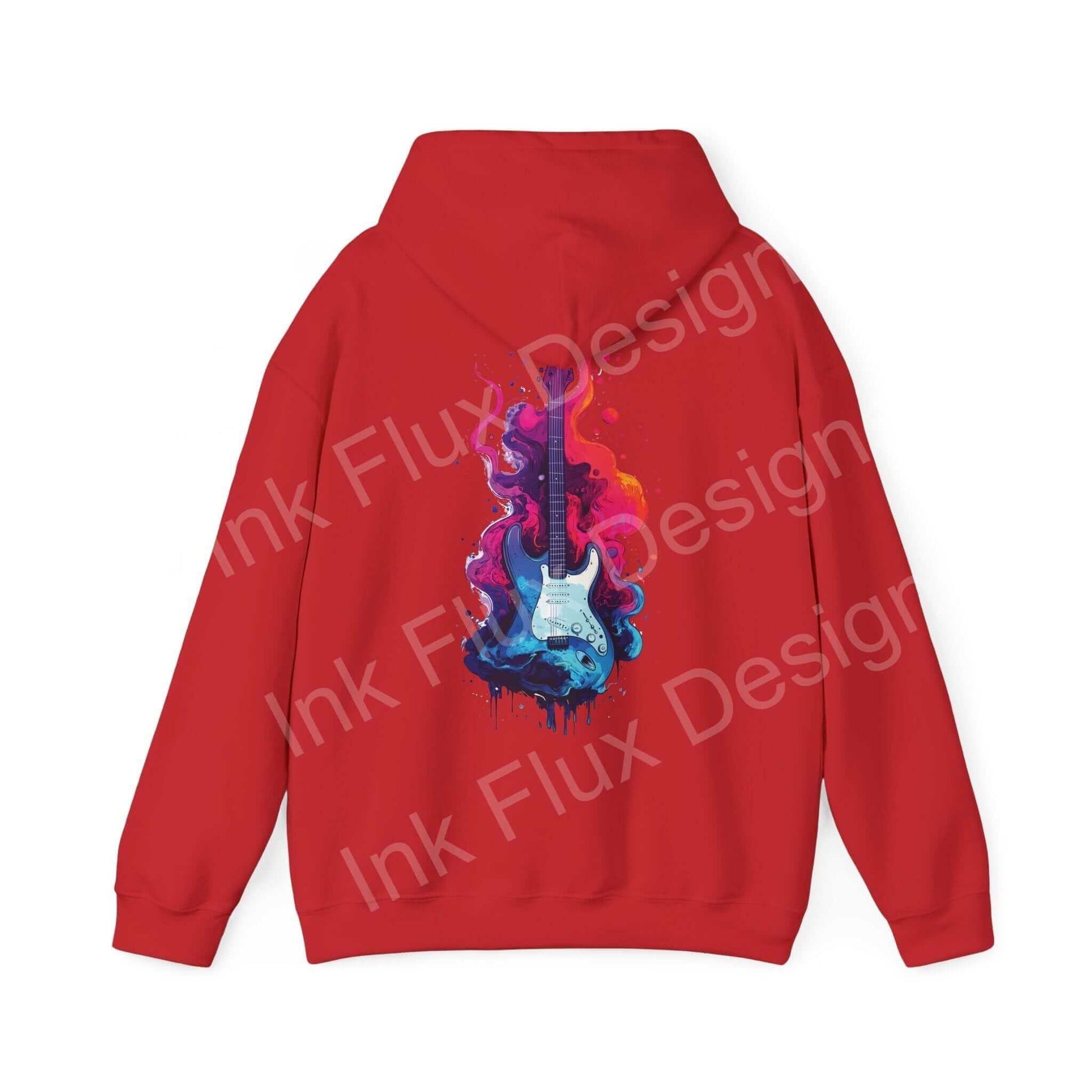 Red Liquid Guitar II hooded sweatshirt with vibrant guitar graphic print in bold designs on the back