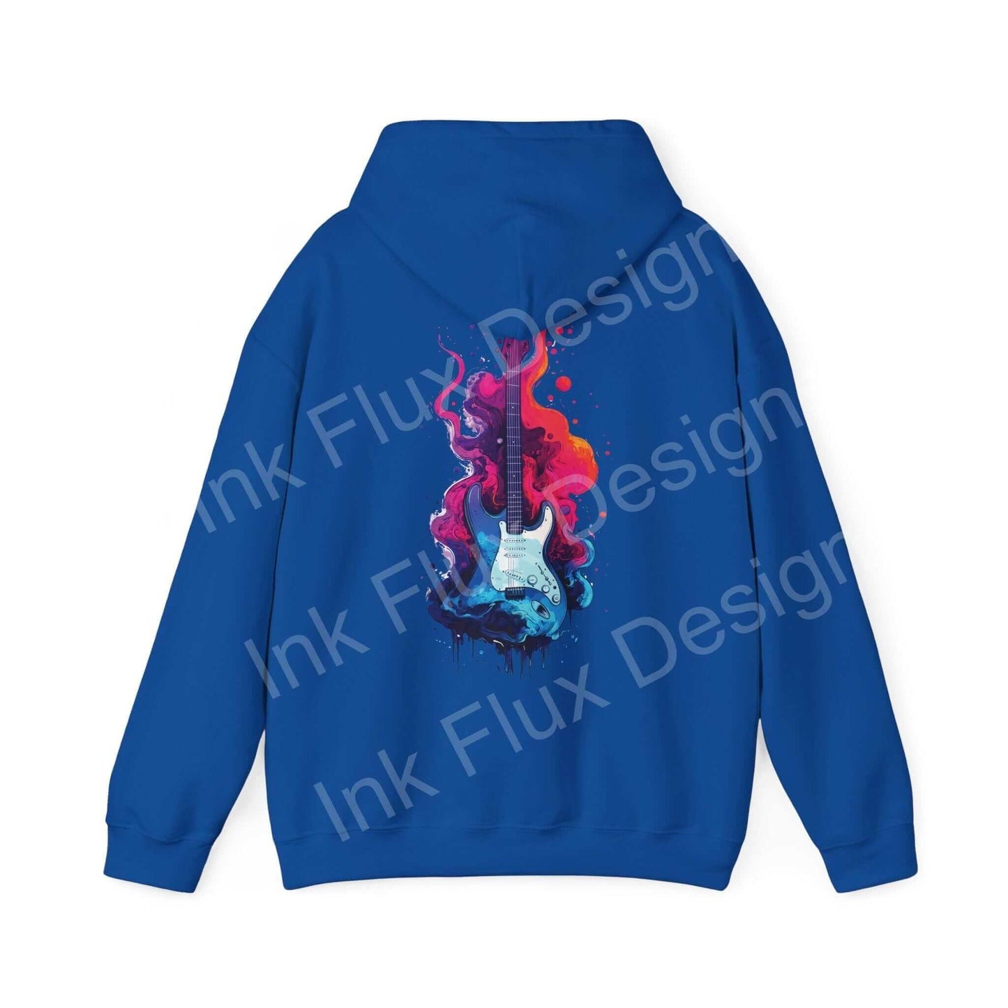 Unisex blue hooded sweatshirt with vibrant liquid guitar graphic design, showcasing bold colors and intricate artwork.