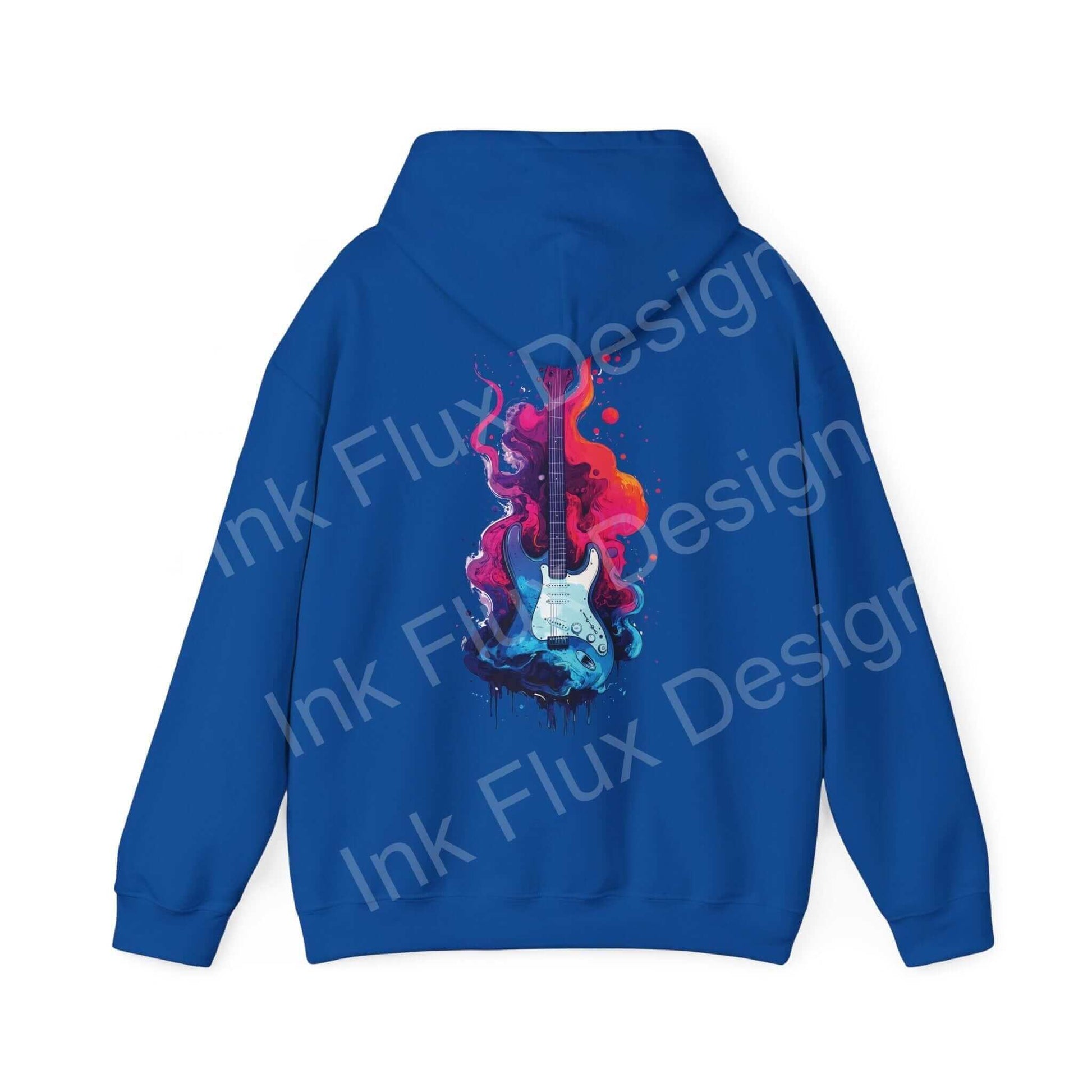 Unisex blue hooded sweatshirt with vibrant liquid guitar graphic design, showcasing bold colors and intricate artwork.