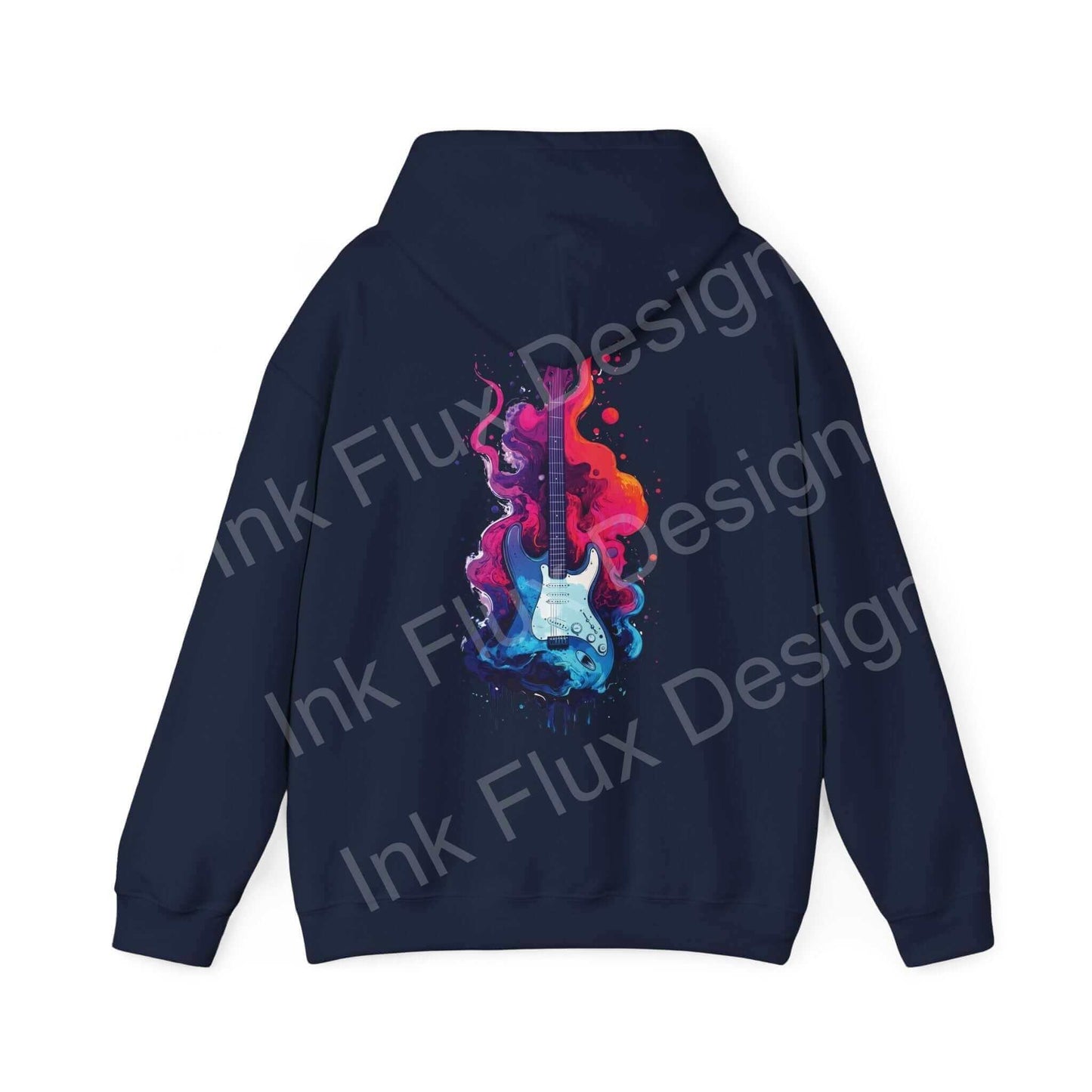 Navy blue Liquid Guitar II hooded sweatshirt with vibrant graphic print on the back, perfect for bold designs hoodie enthusiasts