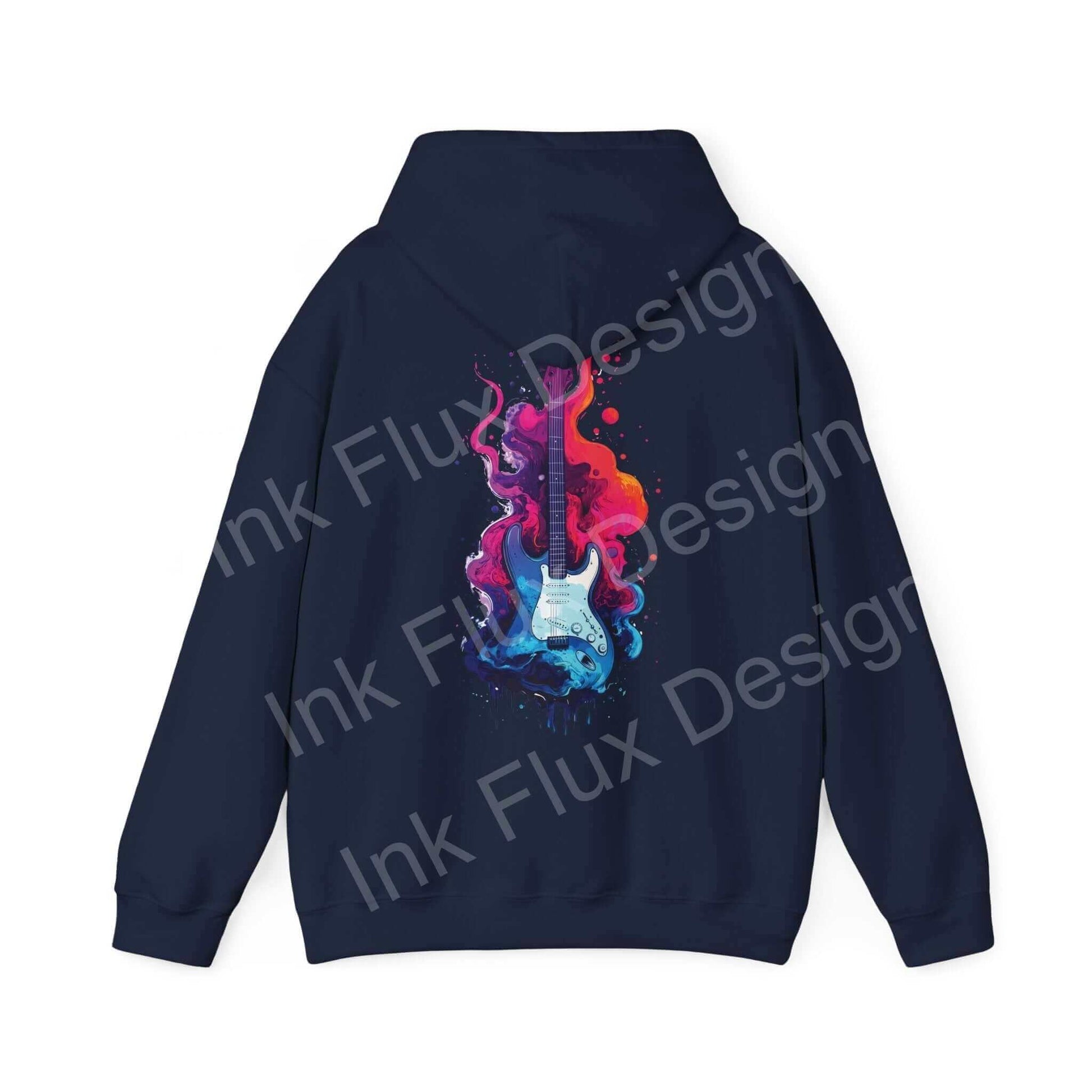 Navy blue Liquid Guitar II hooded sweatshirt with vibrant graphic print on the back, perfect for bold designs hoodie enthusiasts