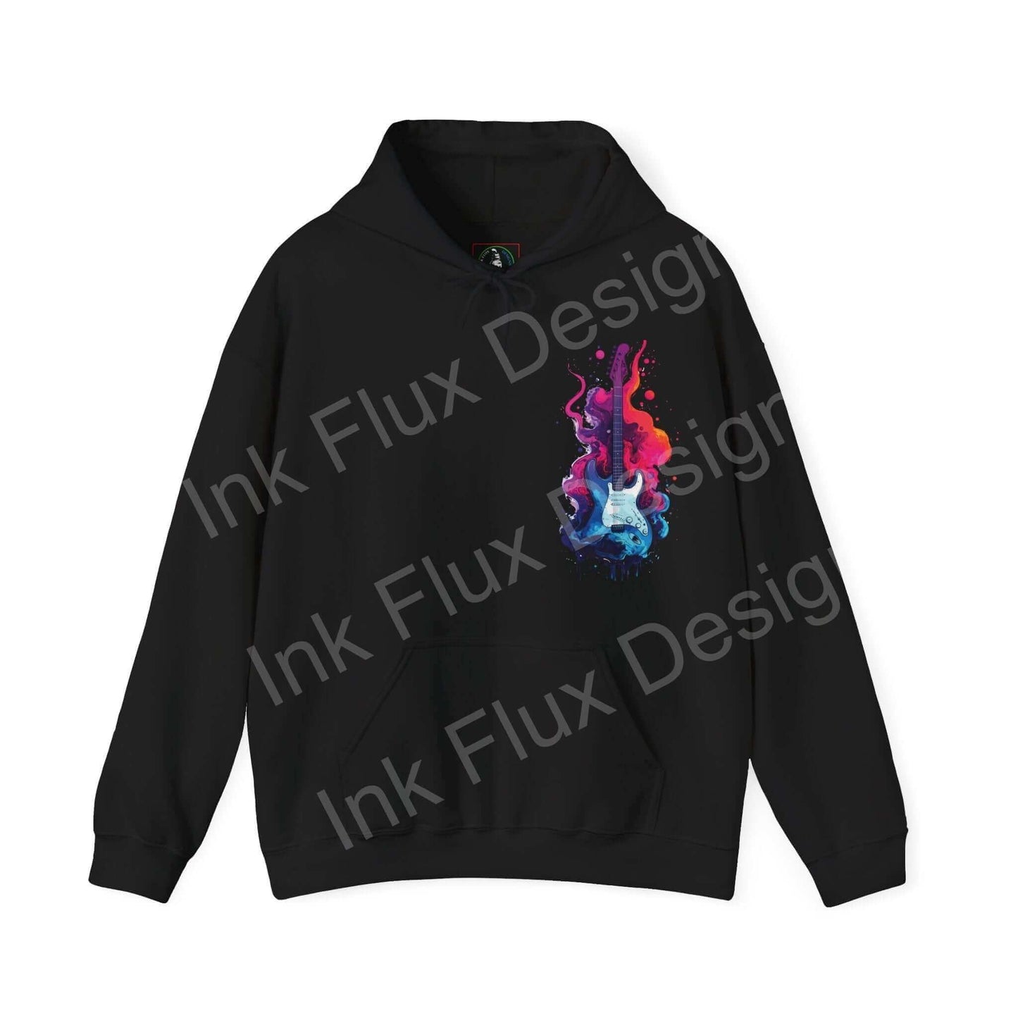 Black unisex hooded sweatshirt with vibrant liquid guitar graphic design, ideal for showcasing bold styles in graphic hoodies.