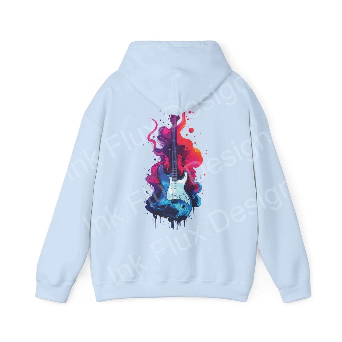 Unisex light blue hooded sweatshirt featuring a bold graphic of a colorful liquid guitar design, blending style and comfort.