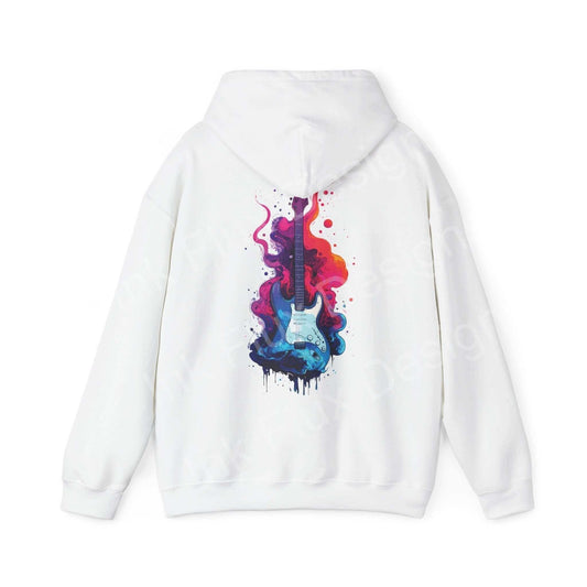 White unisex hoodie with a vivid, colorful graphic of a guitar in blue and red paint splashes, perfect for bold design enthusiasts looking for stylish, cozy wear.