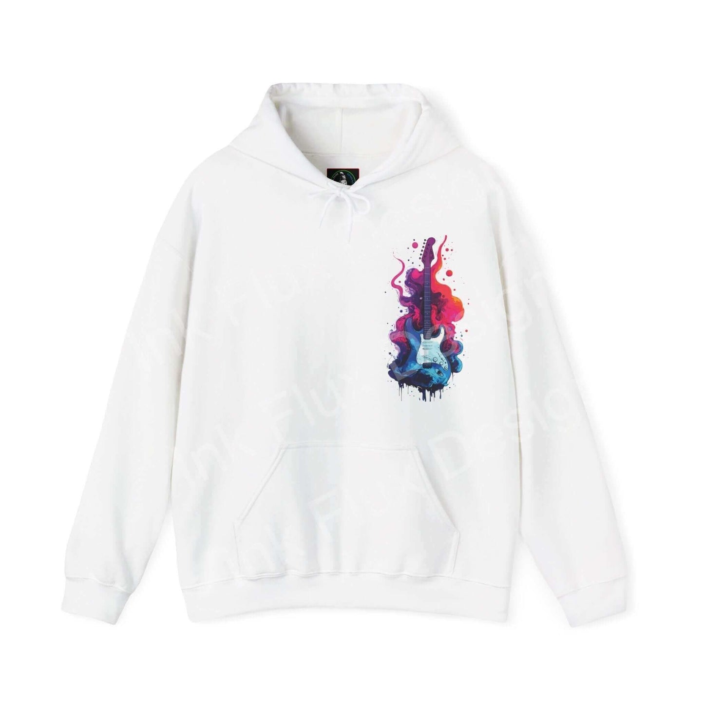 White unisex hooded sweatshirt featuring a bold, colorful liquid guitar graphic design, ideal for lovers of graphic hoodies.