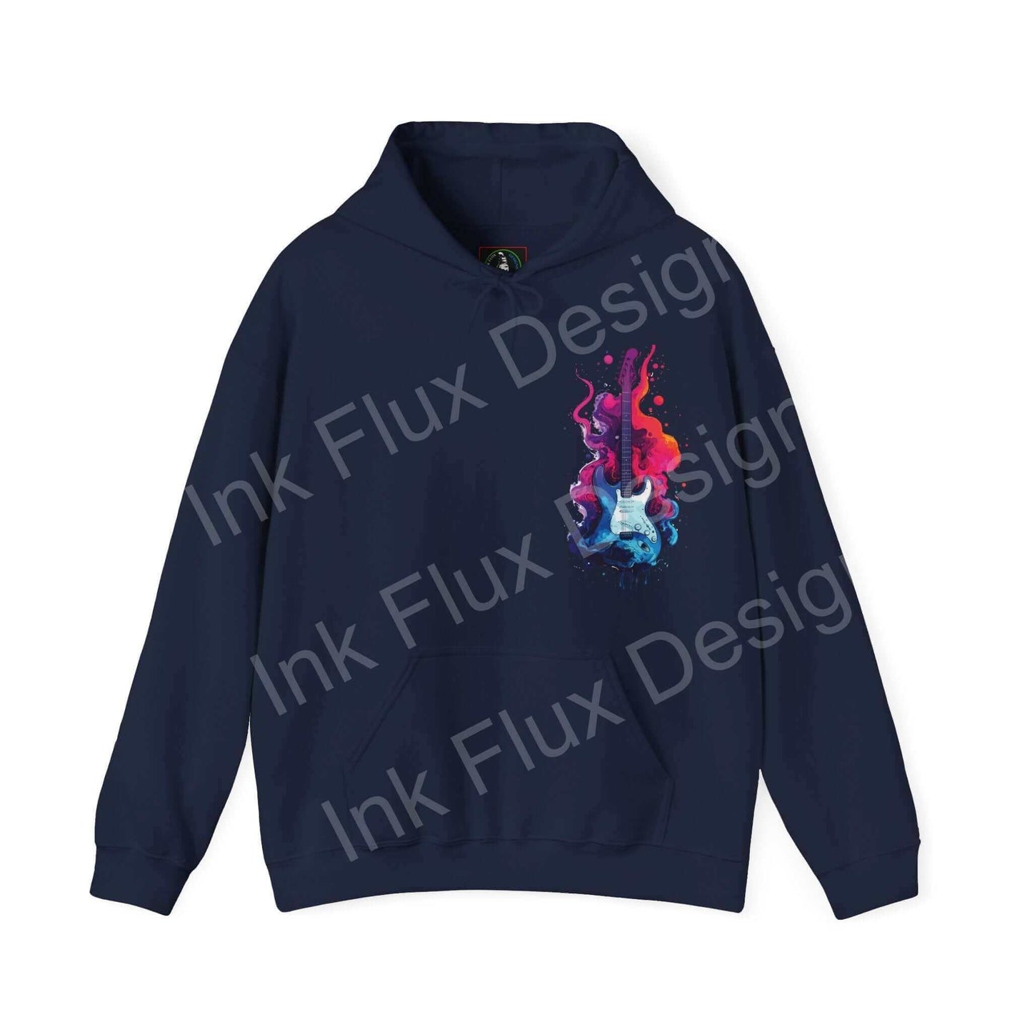 Navy blue unisex hooded sweatshirt with vibrant, bold guitar graphic design, ideal for graphic hoodies enthusiasts.