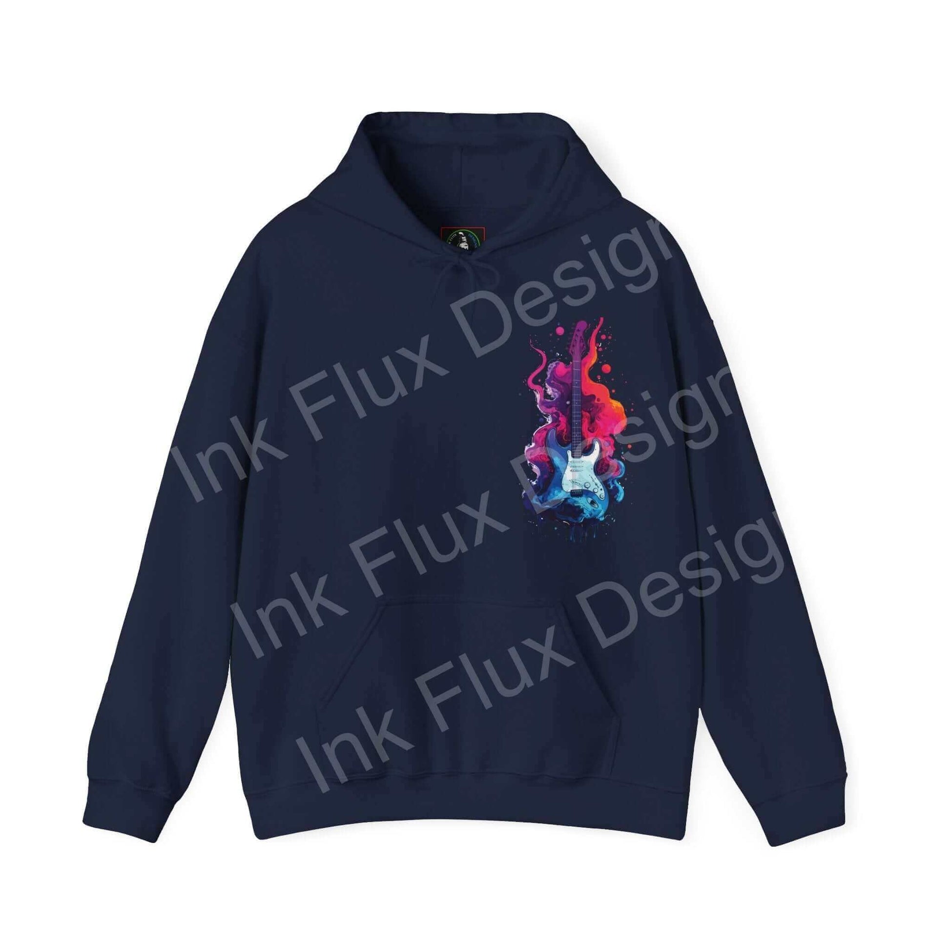 Navy blue unisex hooded sweatshirt with vibrant, bold guitar graphic design, ideal for graphic hoodies enthusiasts.