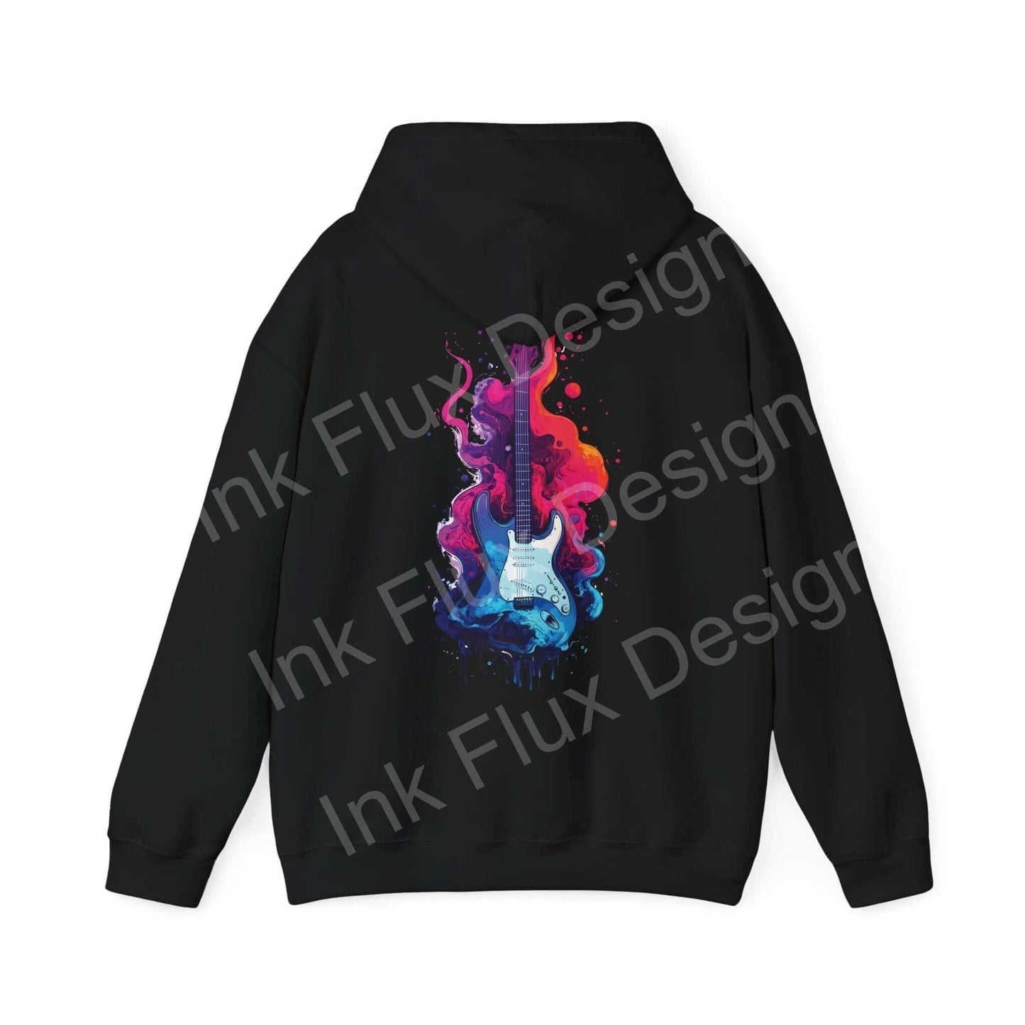 Back view of Liquid Guitar II hooded sweatshirt featuring a vibrant, colorful guitar graphic on black background, ideal for lovers of bold designs and graphic hoodies.