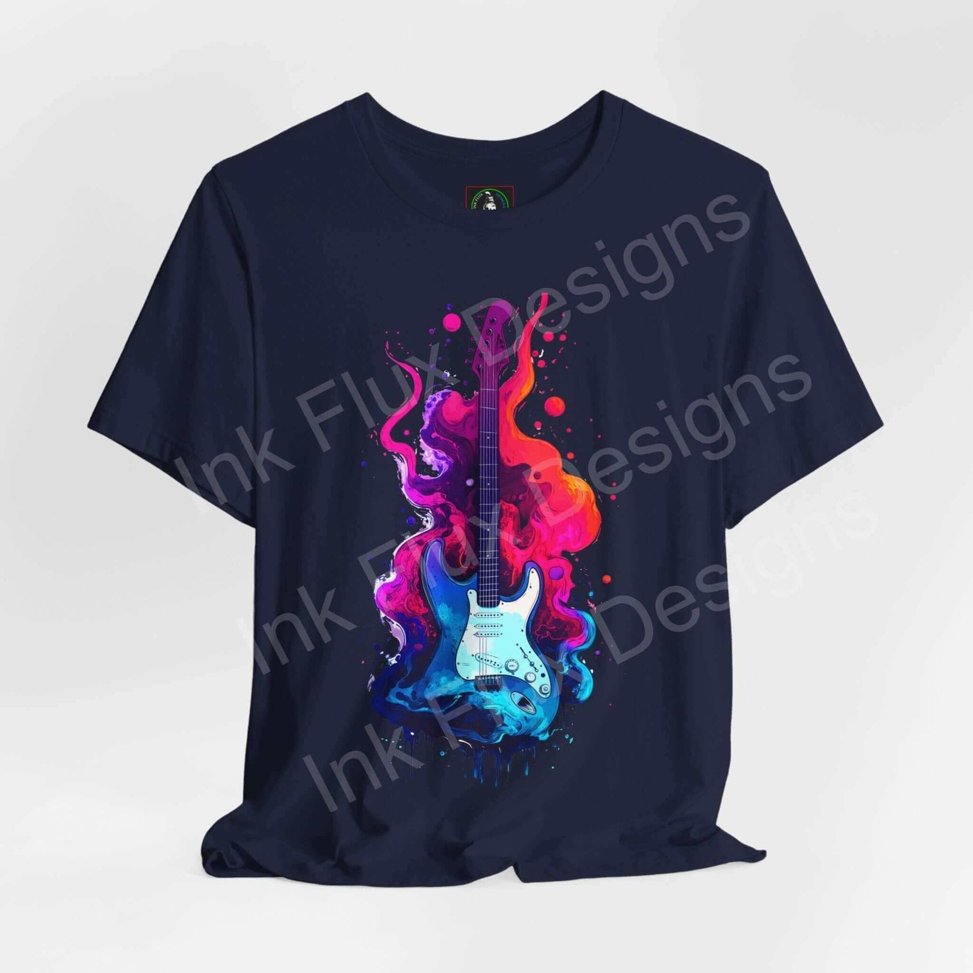 Unisex navy T-shirt with vibrant Liquid Guitar II graphic in pink and blue, from Bella+Canvas, showcasing bold aesthetics and crafted for comfort and durability.