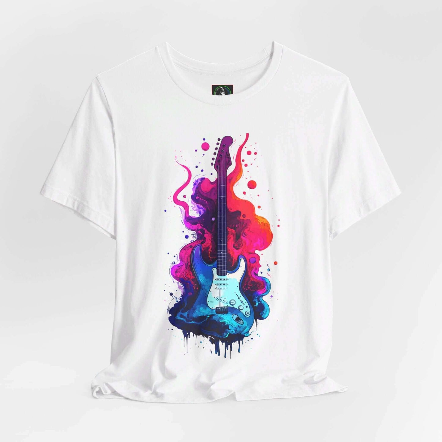 Unisex white jersey T-shirt featuring a bold graphic of a guitar amidst colorful splashes, crafted from breathable cotton, perfect for any occasion.