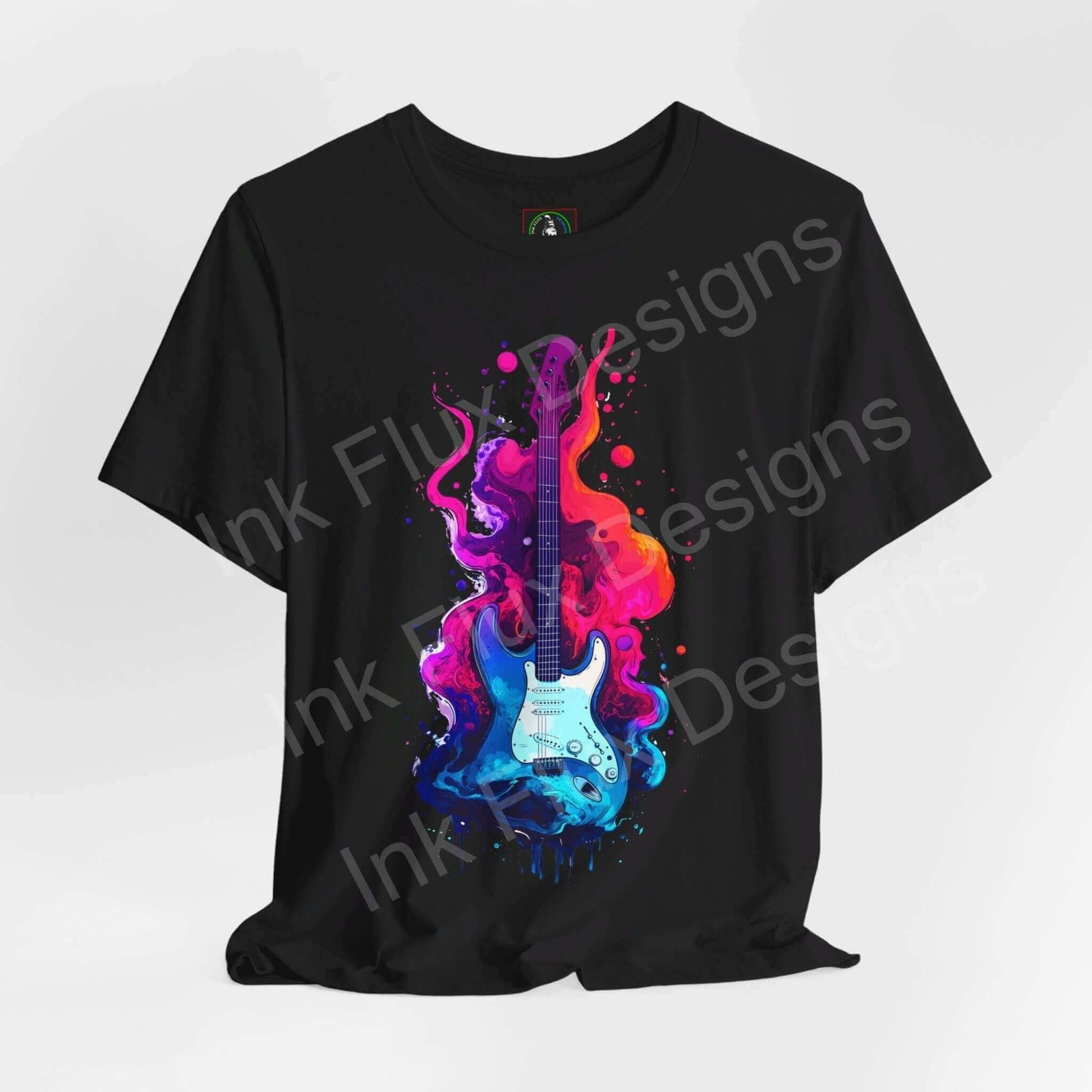 Unisex black T-shirt featuring a bold graphic with a colorful liquid guitar design, ideal for style and comfort, by Bella+Canvas.