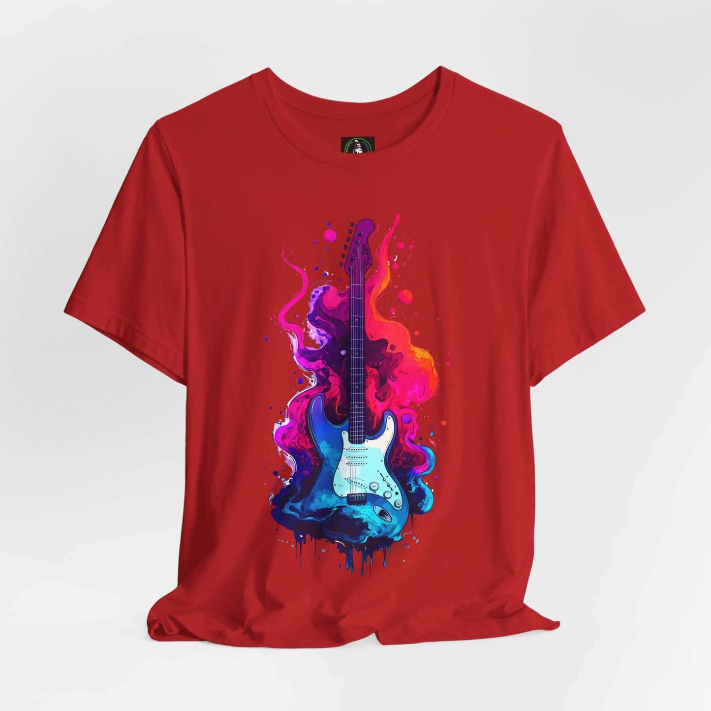 Bold graphic tee featuring a vibrant liquid guitar design on a red unisex jersey T-shirt, perfect for stylish comfort.