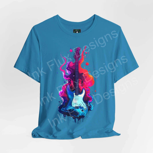 Blue unisex jersey T-shirt featuring bold Liquid Guitar II graphic with vibrant pink and purple splashes, by Bella+Canvas.