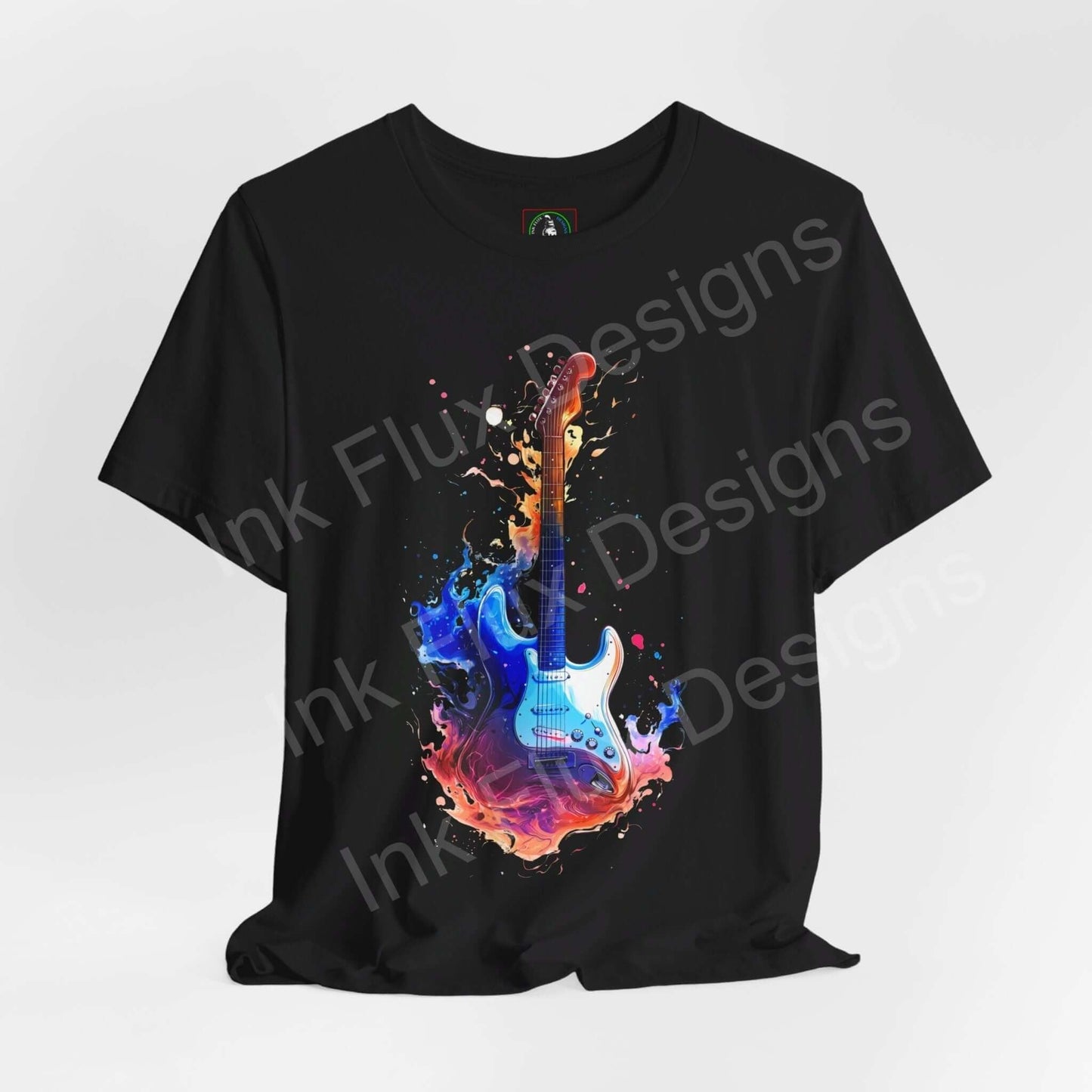 Unisex black jersey T-shirt featuring a vibrant, colorful graphic of a liquid guitar design, perfect for music and fashion enthusiasts.