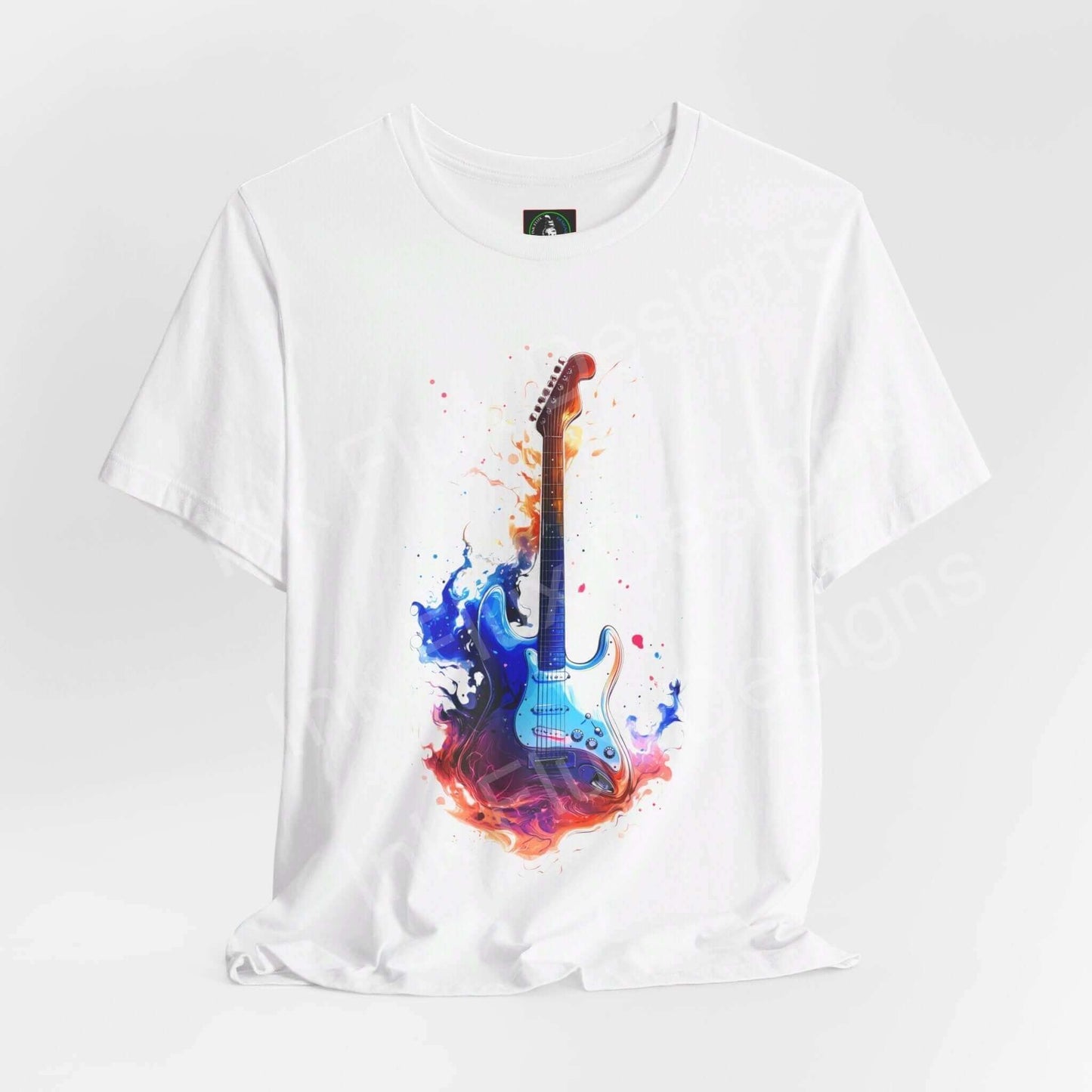White unisex jersey T-shirt featuring a bold graphic of a blue guitar amidst colorful splashes, crafted from breathable Airlume cotton by Bella+Canvas.