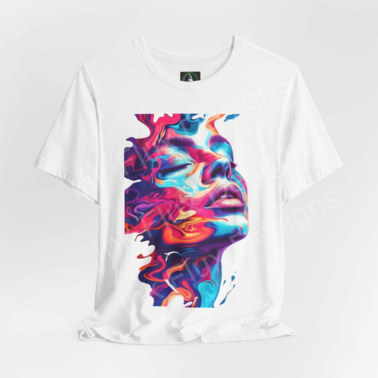 Unisex white jersey T-shirt featuring a bold, psychedelic graphic of a colorful, trippy liquid portrait design. Perfect for stylish comfort.