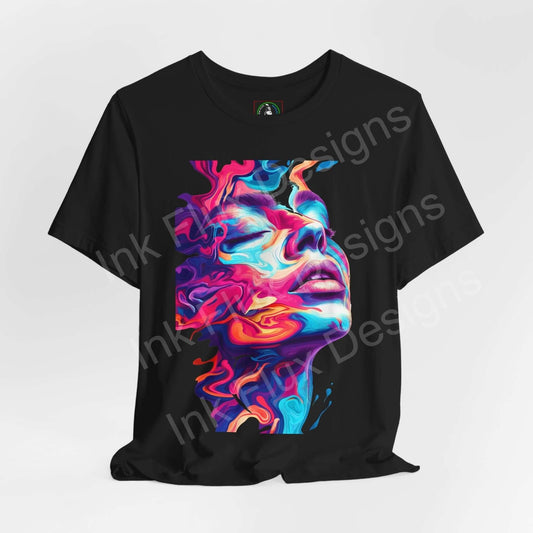 Black unisex T-shirt with a bold, psychedelic graphic of a colorful, trippy liquid portrait design, showcasing vibrant hues and artistic expression.