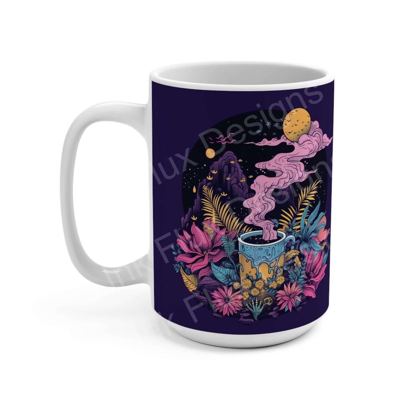 Colorful ceramic coffee mug with whimsical night-themed illustration, featuring vibrant flowers and celestial designs, perfect gift for tea and coffee lovers.