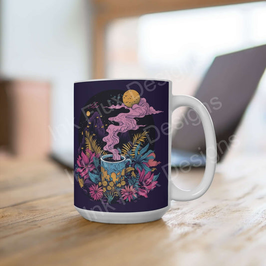 Decorative ceramic coffee mug with colorful cosmic and floral design on a wooden table, showcasing a C-handle and 15oz capacity.