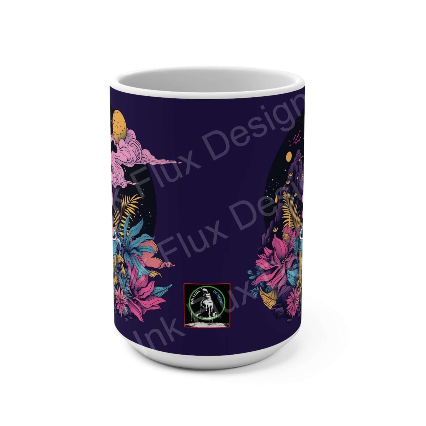 Dark blue ceramic coffee mug with vibrant pink and yellow floral design, featuring space-themed illustrations and a small astronaut emblem.