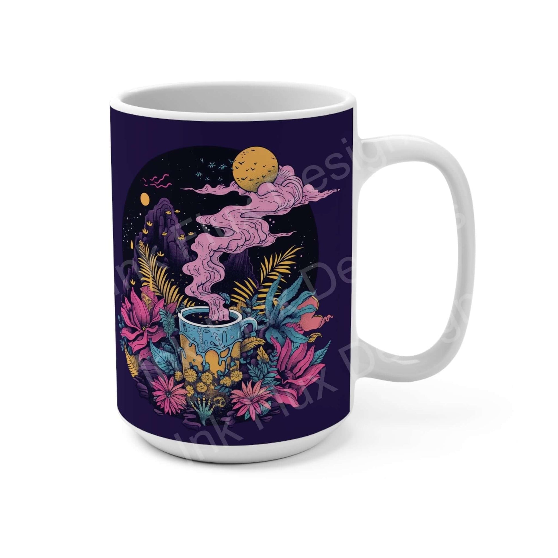 Decorative 15oz ceramic coffee mug with vibrant night sky and floral design, featuring whimsical steaming cup amidst flowers under a crescent moon.