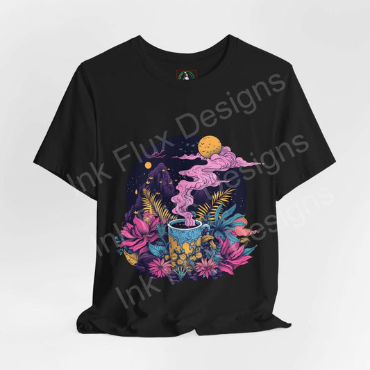 Black unisex T-shirt featuring a bold, psychedelic graphic with vibrant, trippy colors and floral elements, perfect for enthusiasts of unique graphic tees.