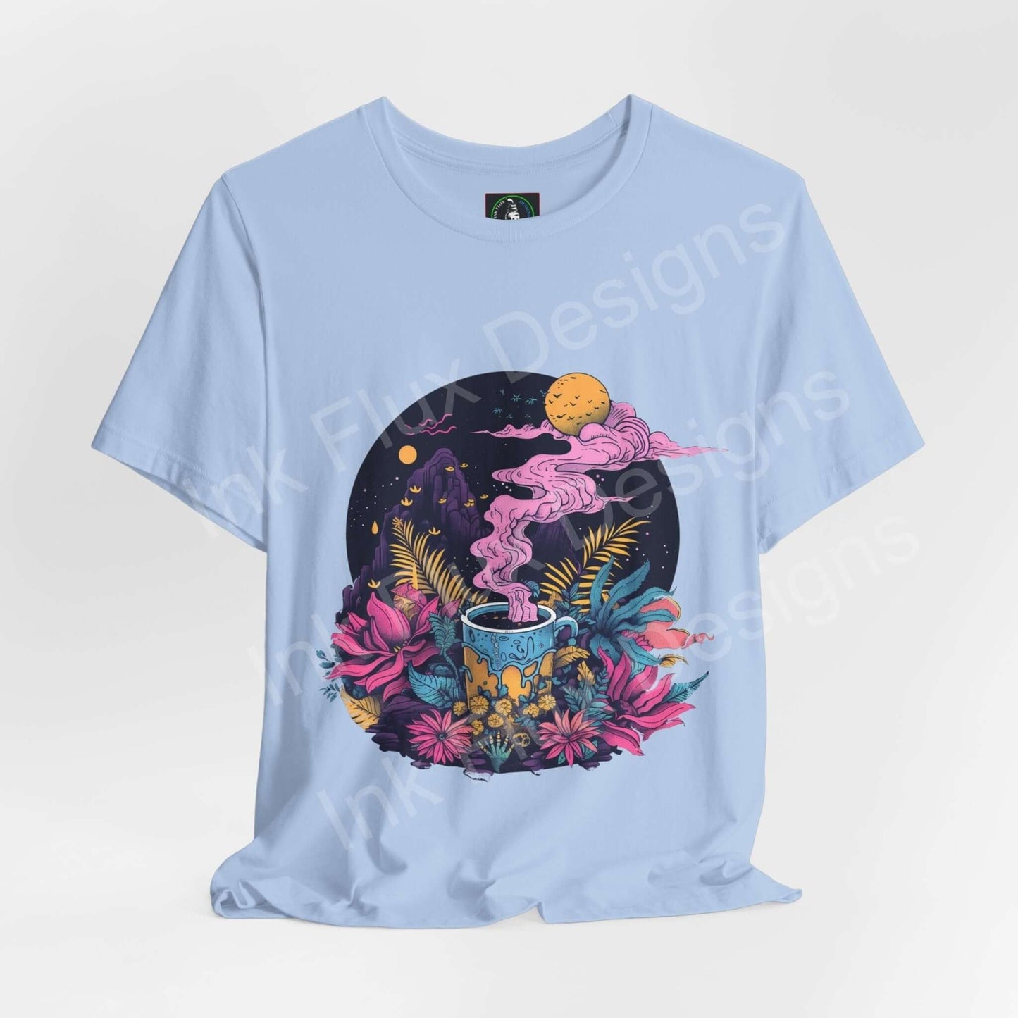 Light blue unisex jersey T-shirt featuring bold, psychedelic graphic with a magic brew design, floral elements, and trippy visuals, perfect for stylish comfort.