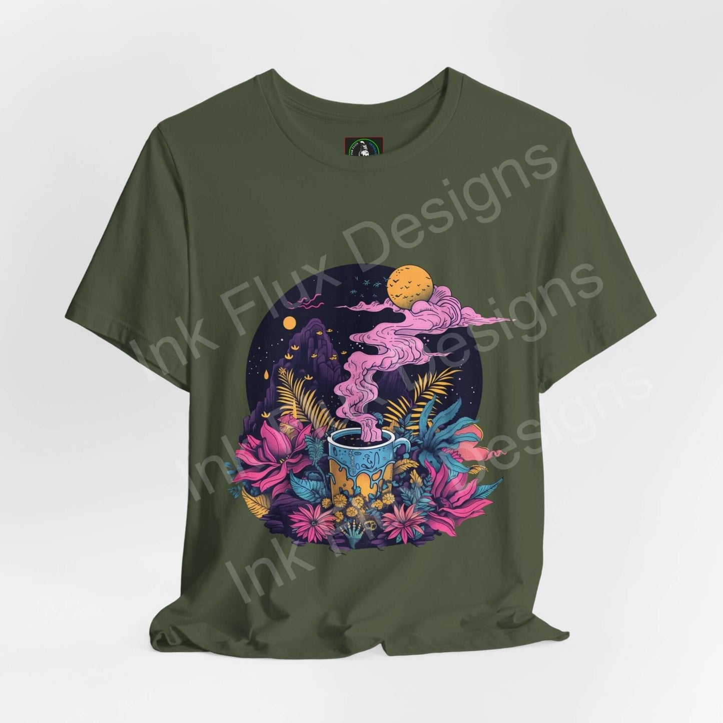 Unisex olive green T-shirt featuring a bold, psychedelic graphic of a mystical brew with vibrant, trippy florals and celestial elements.