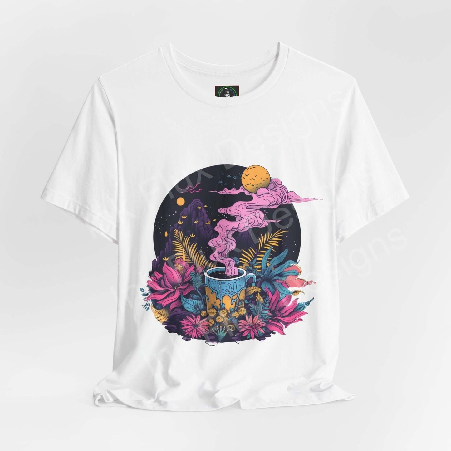 Unisex white T-shirt featuring a psychedelic graphic of a magic brew cup with colorful, trippy floral and celestial designs.