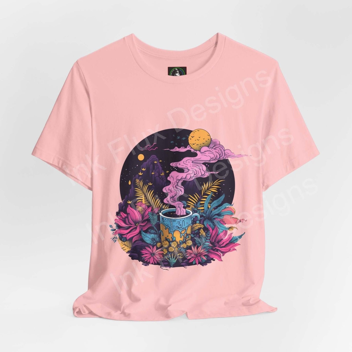 Unisex pink T-shirt with a trippy, bold graphic of a magic brew cup surrounded by vibrant, psychedelic flowers and celestial elements.