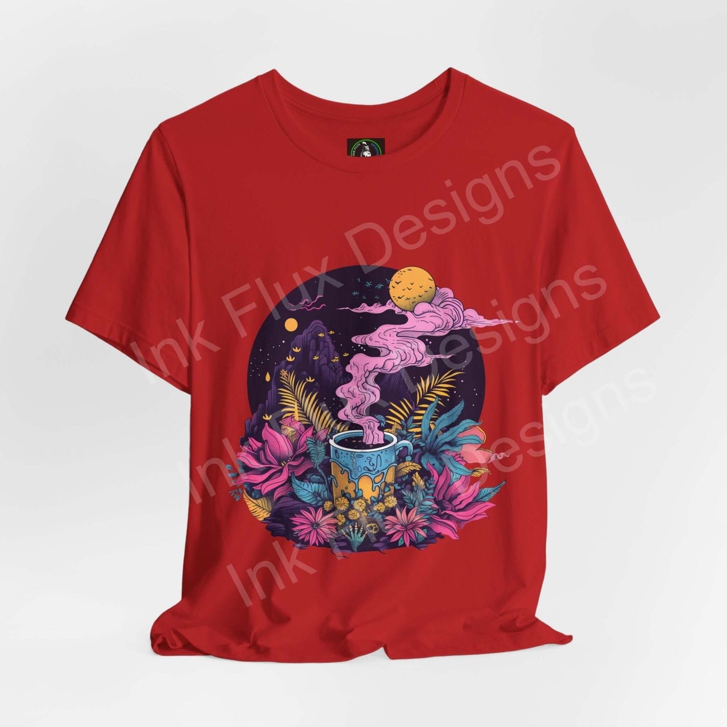 Red unisex T-shirt with a psychedelic graphic of a moon, stars, and vibrant flowers emerging from a magic brew cup, showcasing bold trippy artwork.