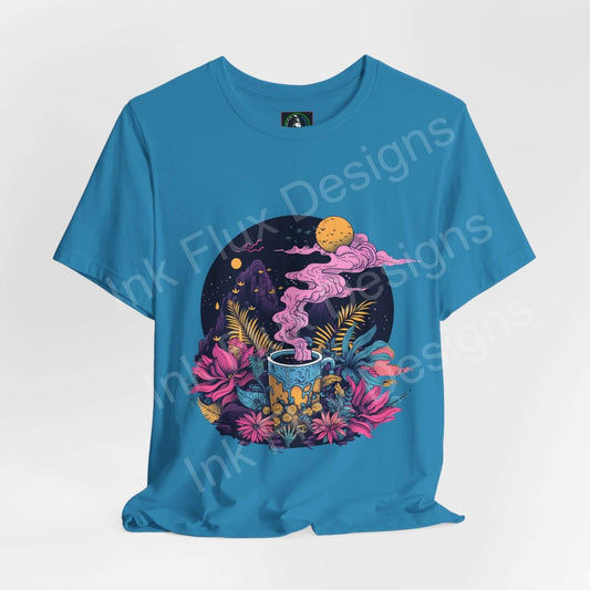 Bold graphic tee featuring a psychedelic design with a moon, stars, and vibrant floral elements on a turquoise unisex T-shirt.